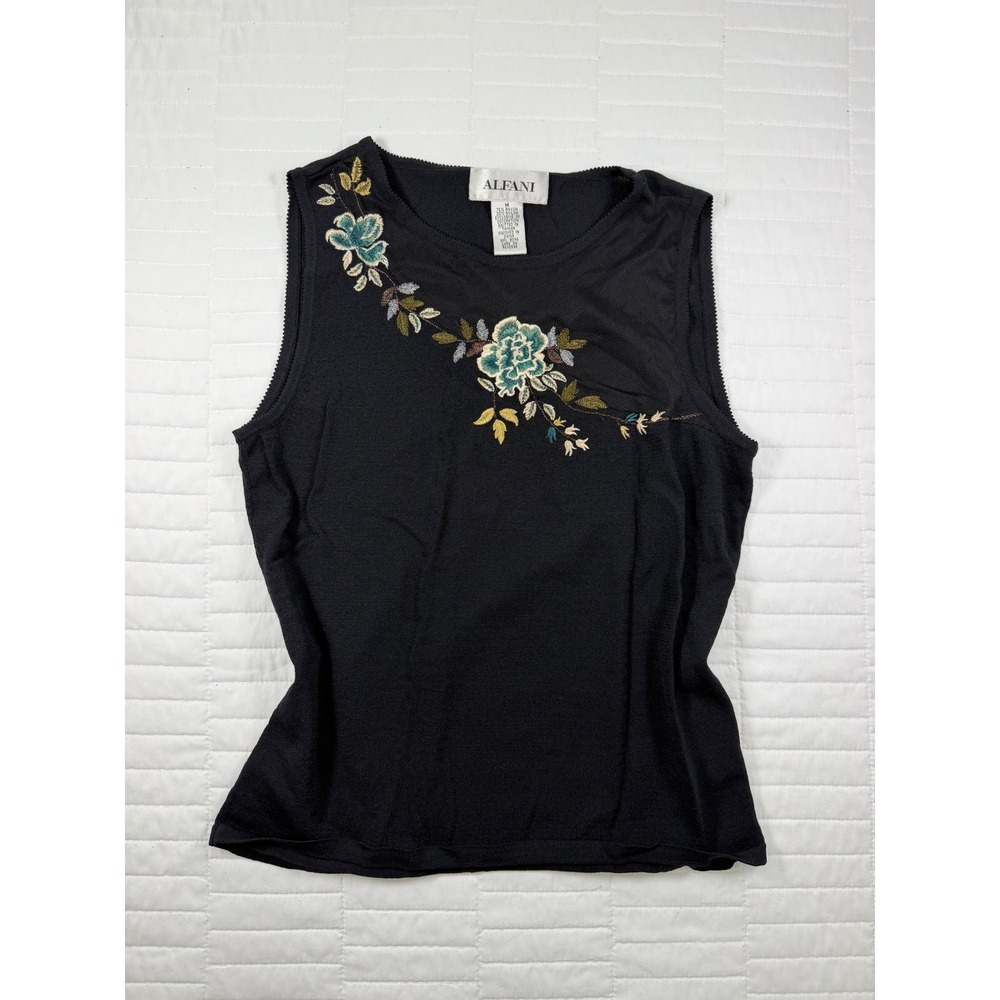 Alfani Vintage Y2K Embroidered Floral Tank Top Black Knit Shell M Whimsigoth